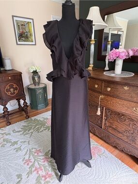 NWT H&M Black Ruffle Maxi Dress Size 8 Deep V Open Back Romantic Cottagecore